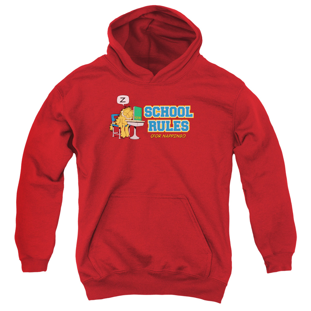 GAR242-YFTH-4 Garfield School Rules Youth Hooded Sweatshirt, Red - Extra Large