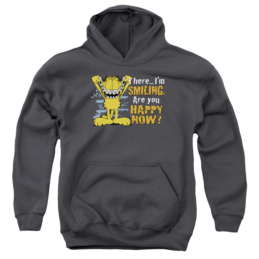 GAR445-YFTH-2 Garfield Smiling Youth Hooded Sweatshirt, Charcoal - Medium