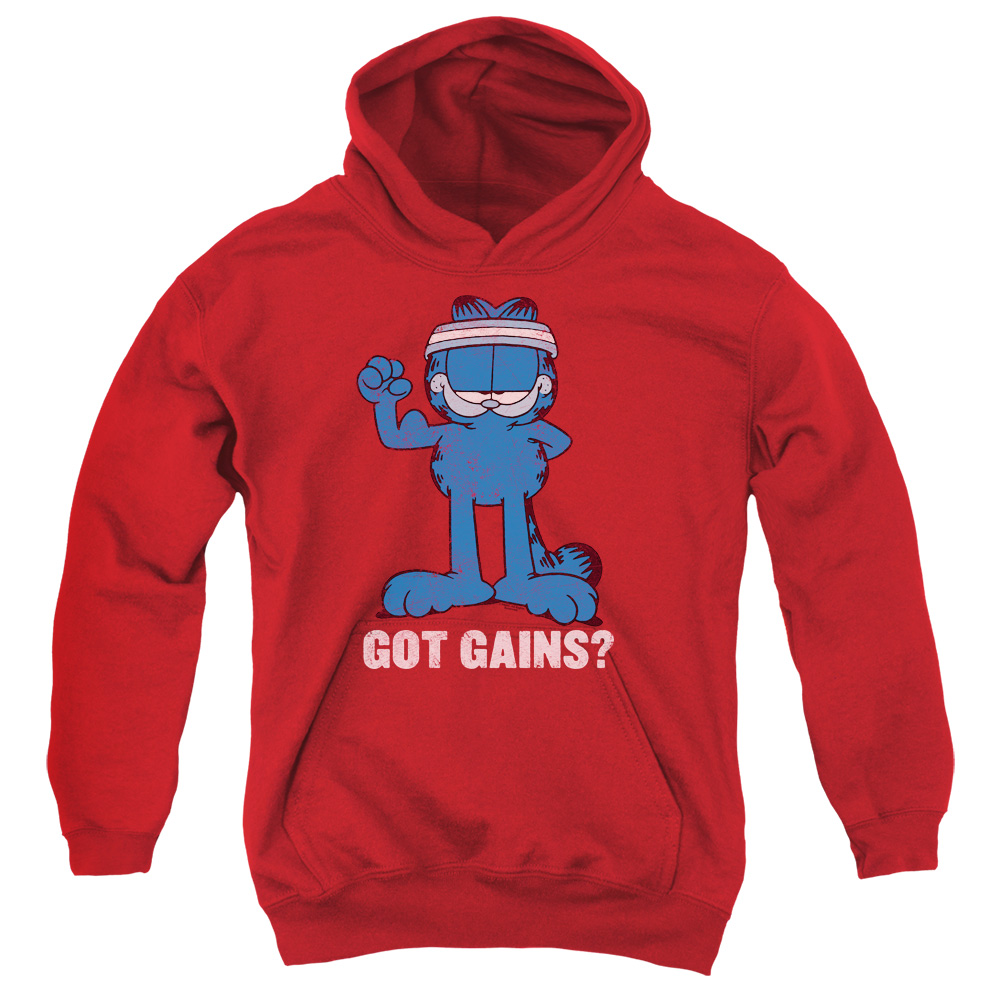 GAR570-YFTH-2 Garfield Got Gains Youth Hooded Sweatshirt, Red - Medium