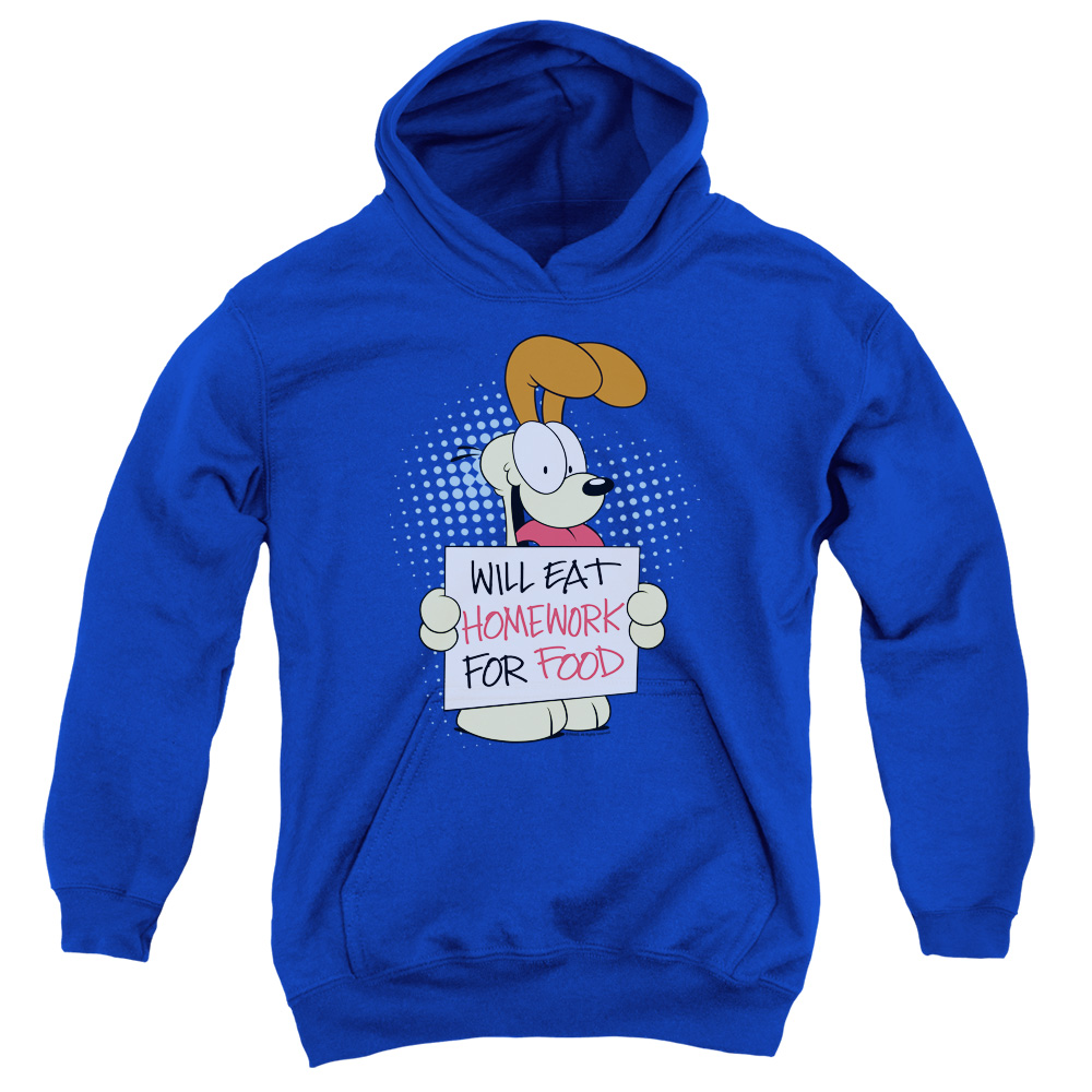 GAR446-YFTH-2 Garfield Will Eat Homework Youth Hooded Sweatshirt, Royal - Medium