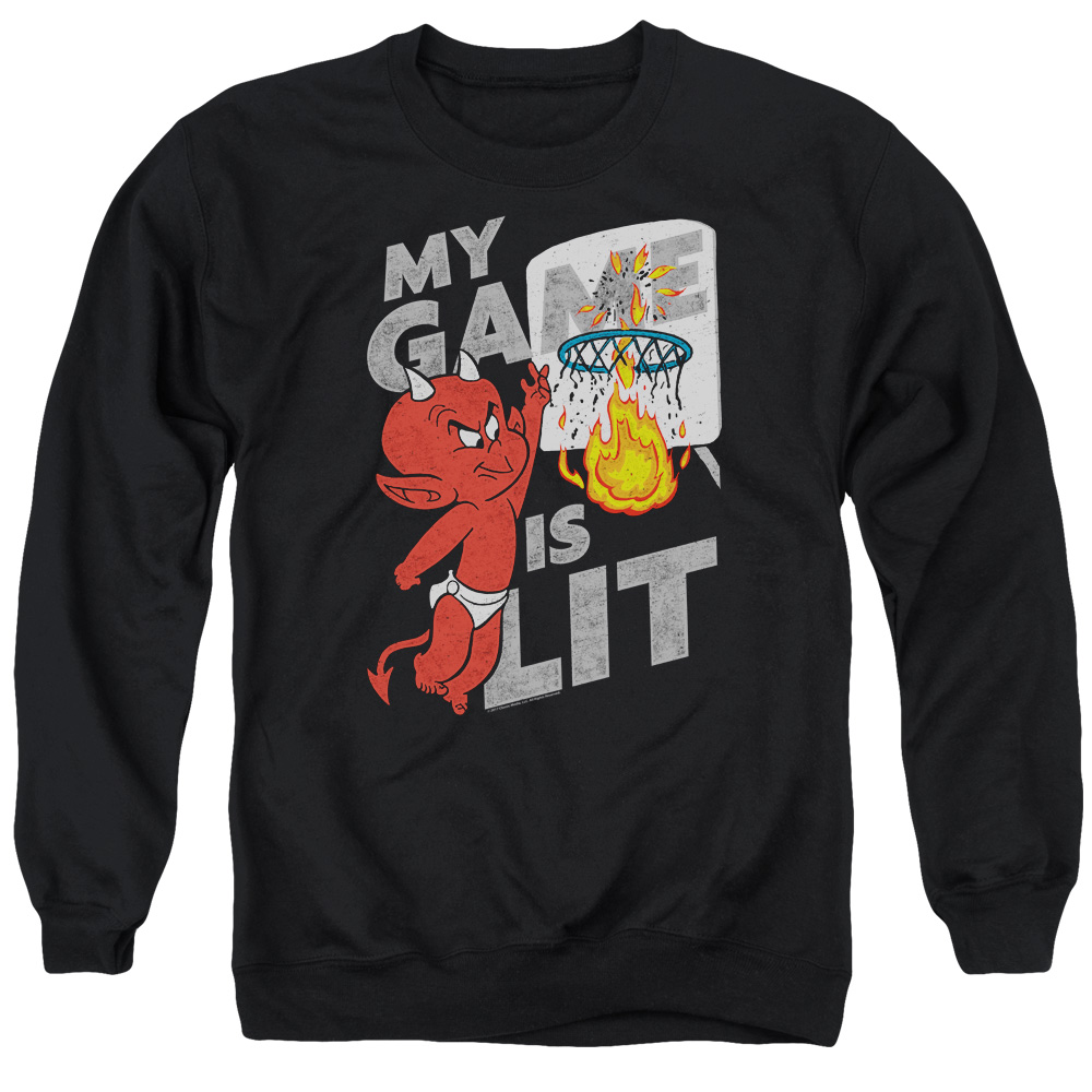 DRM346-AS-1 Hot Stuff Game Is Lit Adult Crewneck Sweatshirt, Black - Small