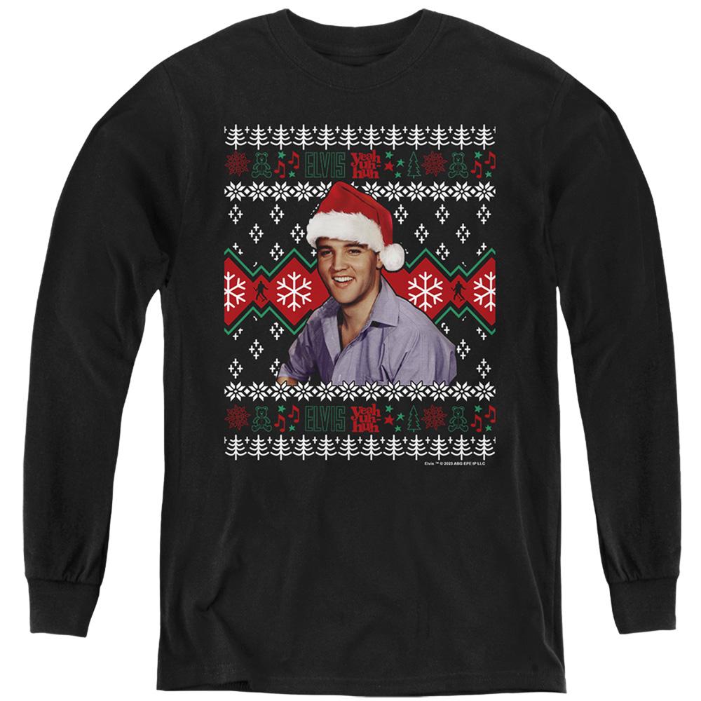 ELV1070-YL-3 Elvis Ugly Christmas Sweater Long Sleeve Youth T-Shirt, Black - Large