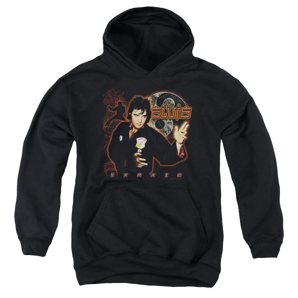 ELV107-YFTH-2 Elvis Presley Karate Youth Hooded Sweatshirt, Black - Medium