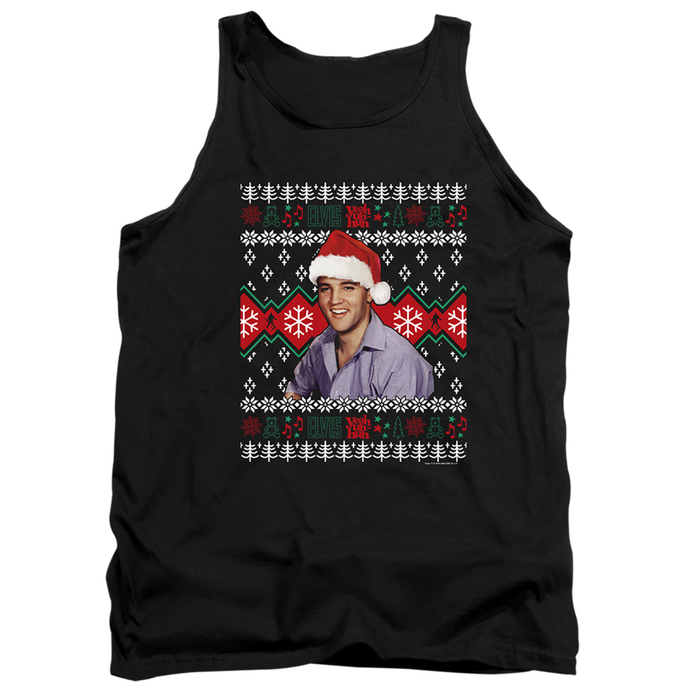 ELV1070-TK-1 Elvis Ugly Christmas Sweater Adult Tank Top, Black - Small