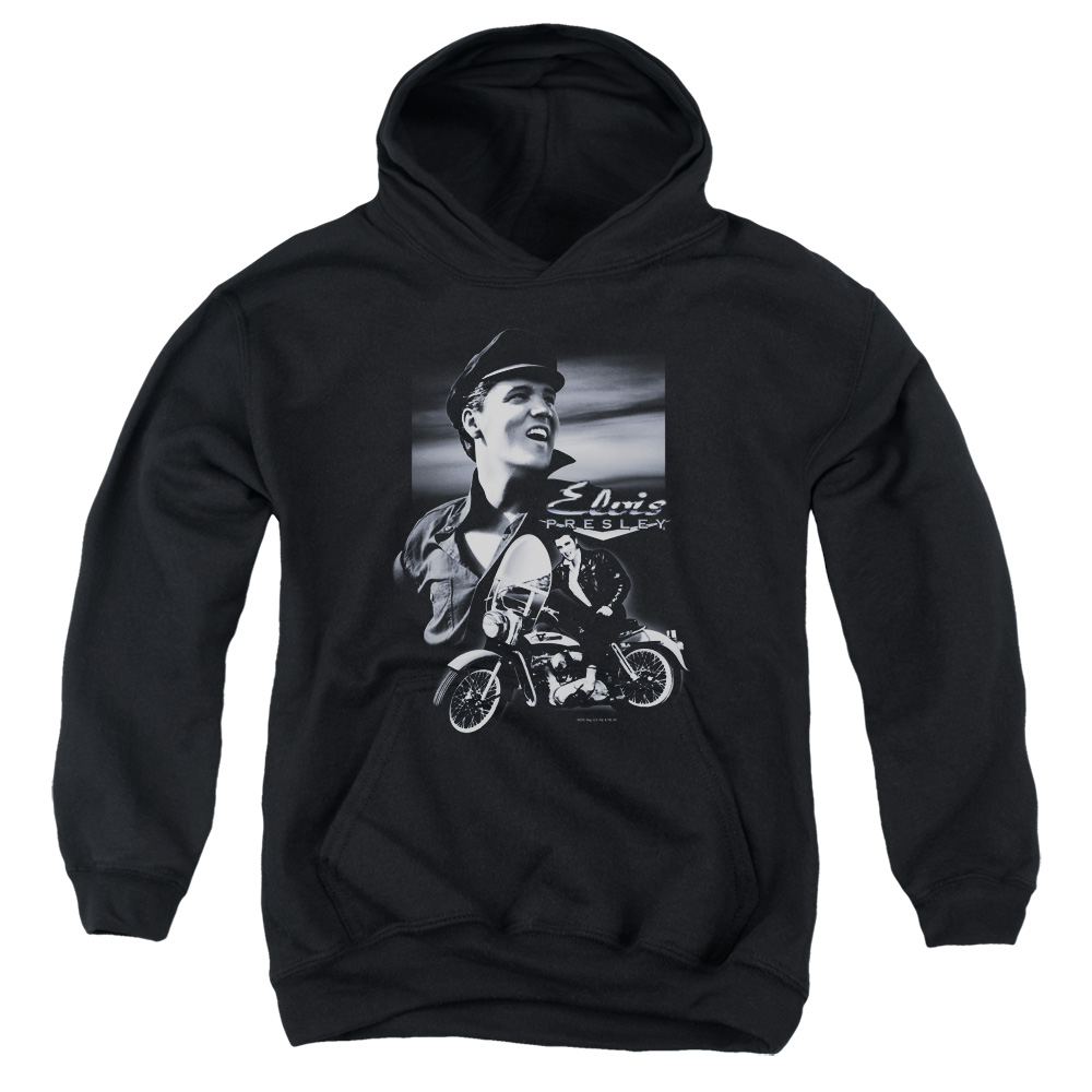 ELV282-YFTH-2 Elvis Presley Motorcycle Youth Hooded Sweatshirt, Black - Medium