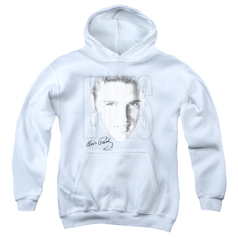 ELV238-YFTH-2 Elvis Presley Blue Eyes Youth Hooded Sweatshirt, White - Medium