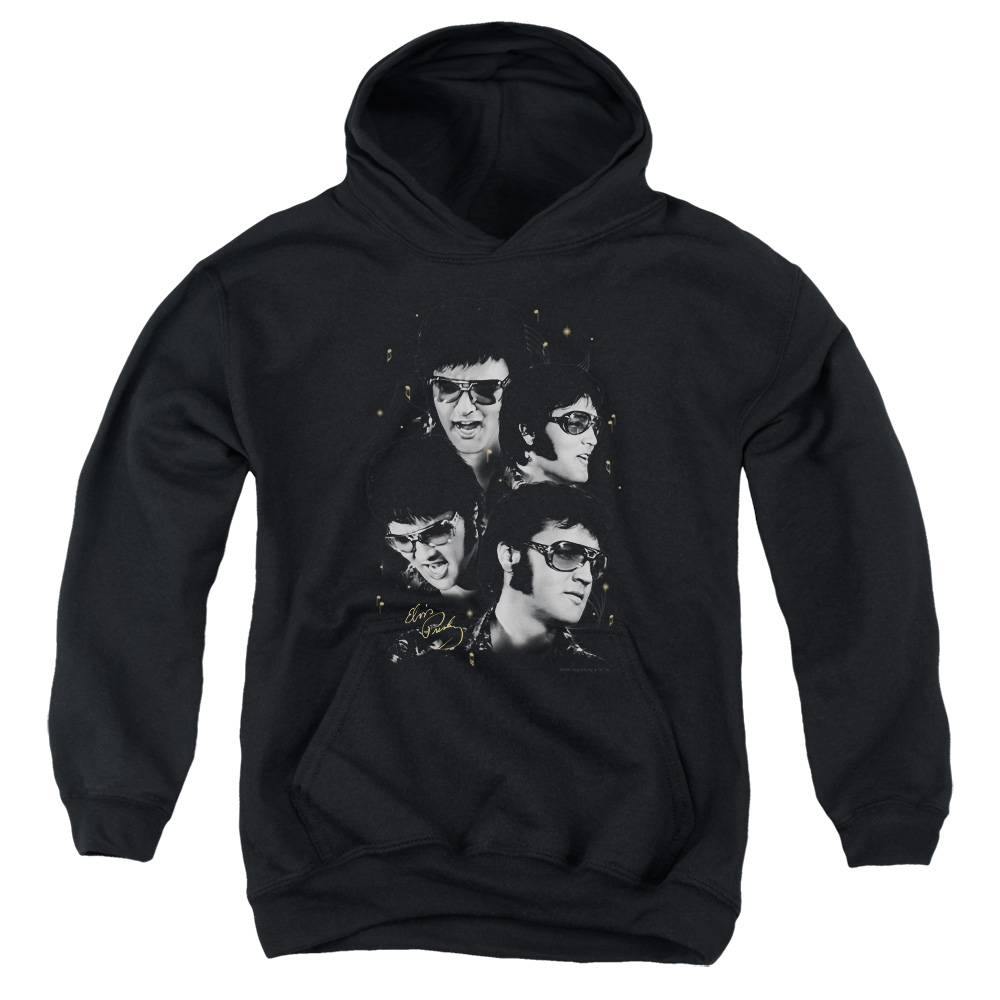 ELV274-YFTH-2 Elvis Presley Faces Youth Hooded Sweatshirt, Black - Medium