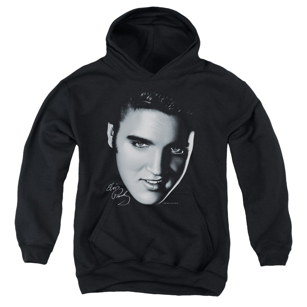 ELV290-YFTH-2 Elvis Presley Big Face Youth Hooded Sweatshirt, Black - Medium