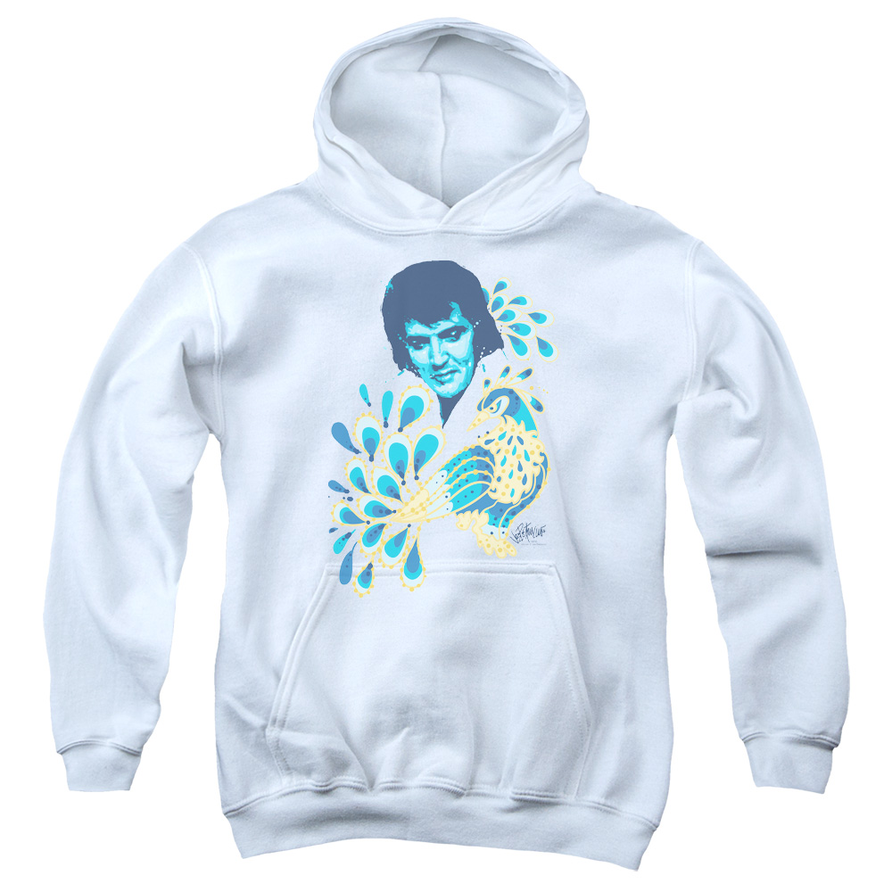 ELV574-YFTH-2 Elvis Presley Peacock Youth Hooded Sweatshirt, White - Medium