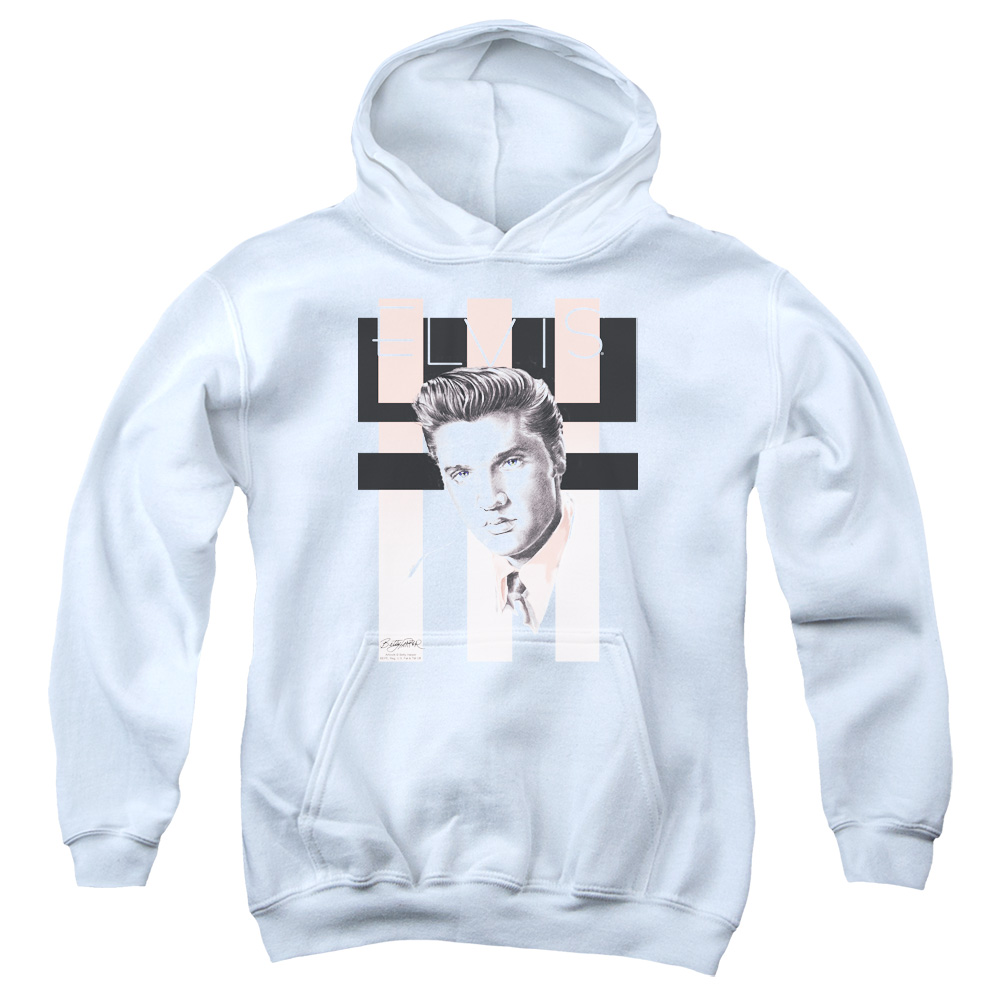ELV591-YFTH-2 Elvis Presley Retro Youth Hooded Sweatshirt, White - Medium