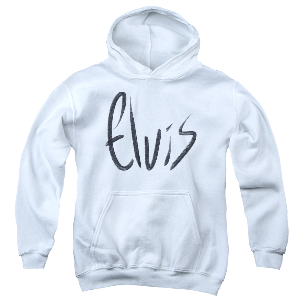 ELV836-YFTH-2 Elvis Presley Sketchy Name Youth Hooded Sweatshirt, White - Medium