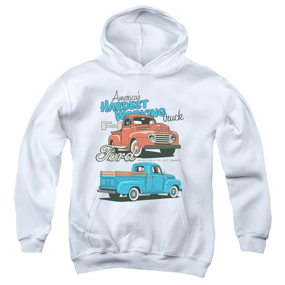 FORD127-YFTH-2 Ford Trucks Hardest Working Youth Hooded Sweatshirt, White - Medium