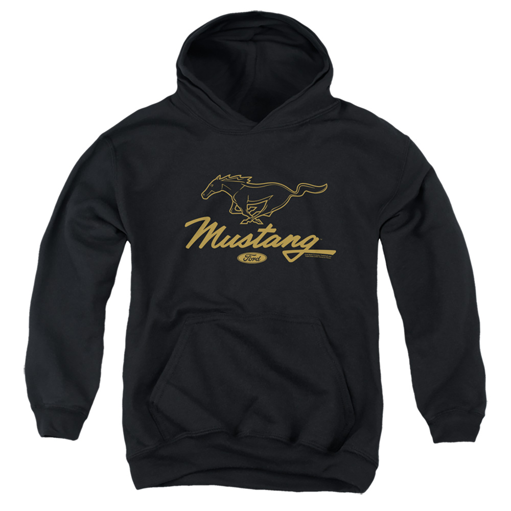 FORD151-YFTH-2 Ford Mustang Pony Script Youth Hooded Sweatshirt, Black - Medium