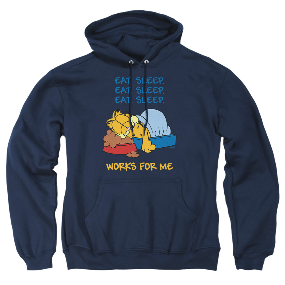 GAR271-AFTH-1 Garfield Works for Me Adult Pullover Hoodie, Navy - Small