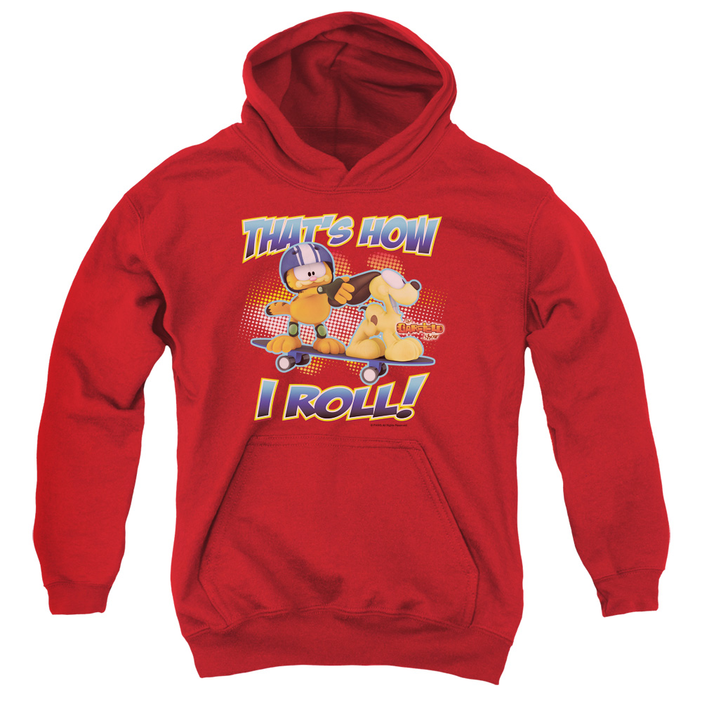 GAR465-YFTH-2 Garfield How I Roll Youth Hooded Sweatshirt, Red - Medium