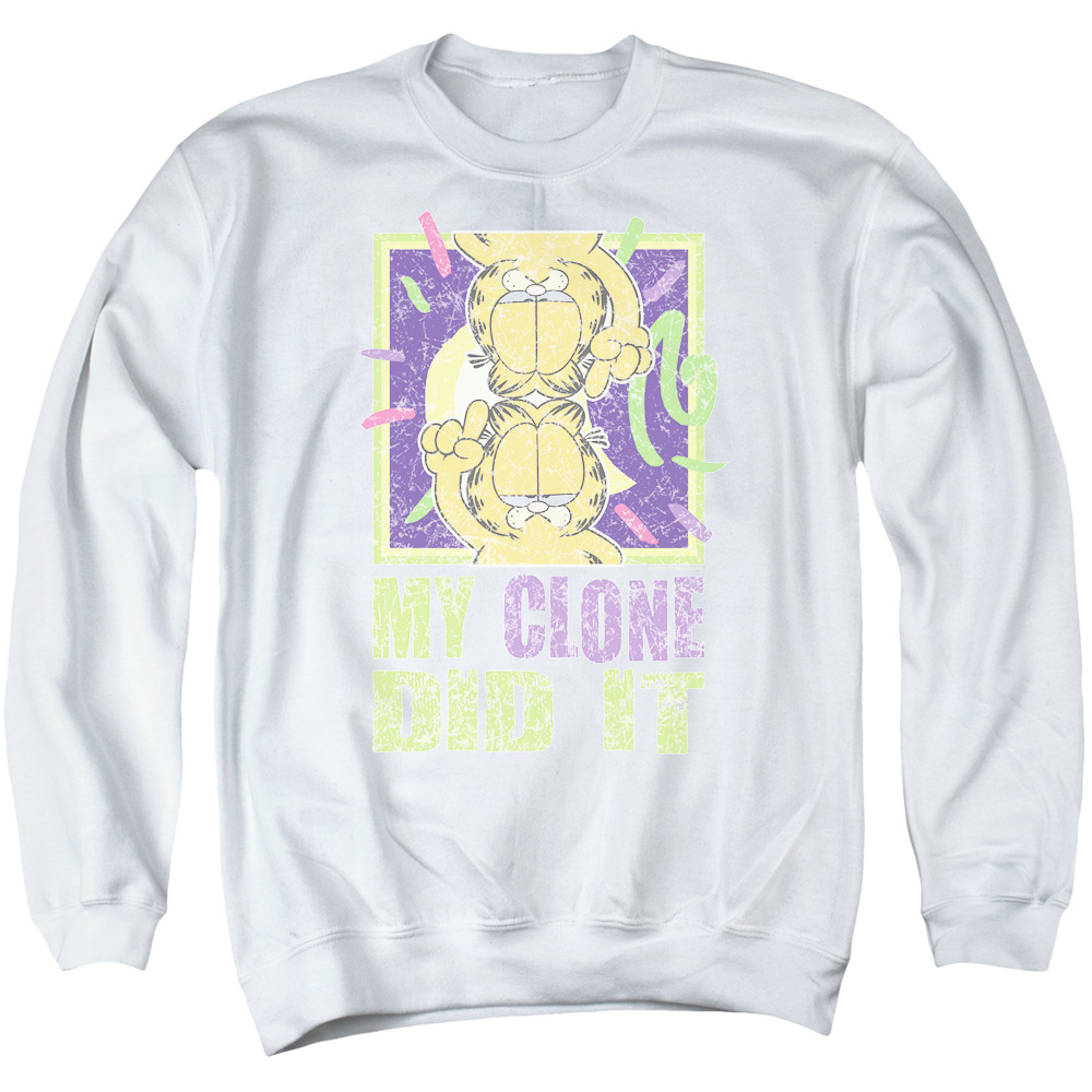 GAR488-AS-2 Garfield My Clone Did It Adult Crewneck Sweatshirt, White - Medium