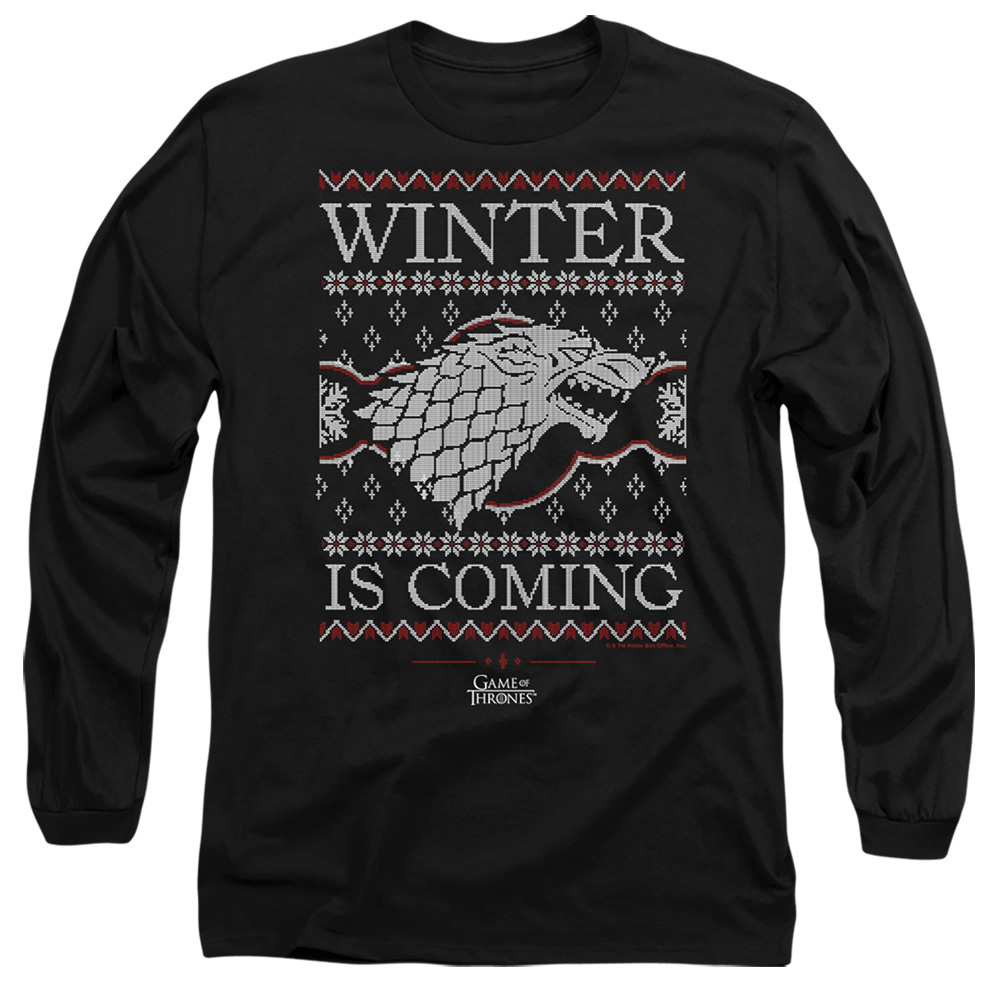 GOT10028-AL-5 Game of Thrones Winter Is Coming Ugly Christmas Adult Long Sleeve T-Shirt, Black - 2X