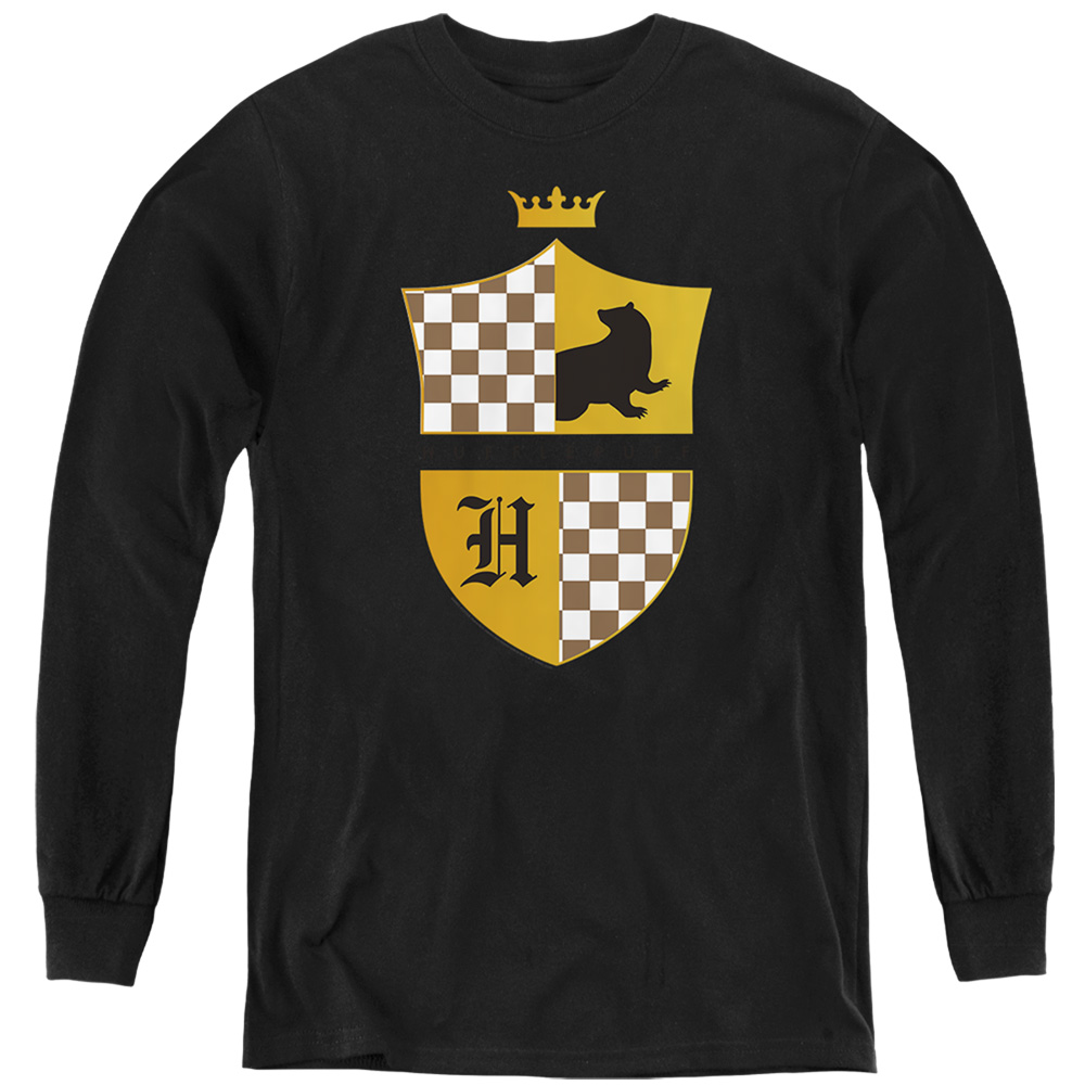 HP8403-YL-2 Harry Potter Hufflepuff Checkered Shield Crest Long Sleeve Youth T-Shirt, Black - Medium