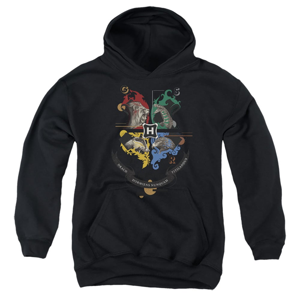 HP8492-YFTH-4 Harry Potter Hogwarts Magicial Mischief Level Up Crest Youth Hooded Sweatshirt, Black - Extra Large