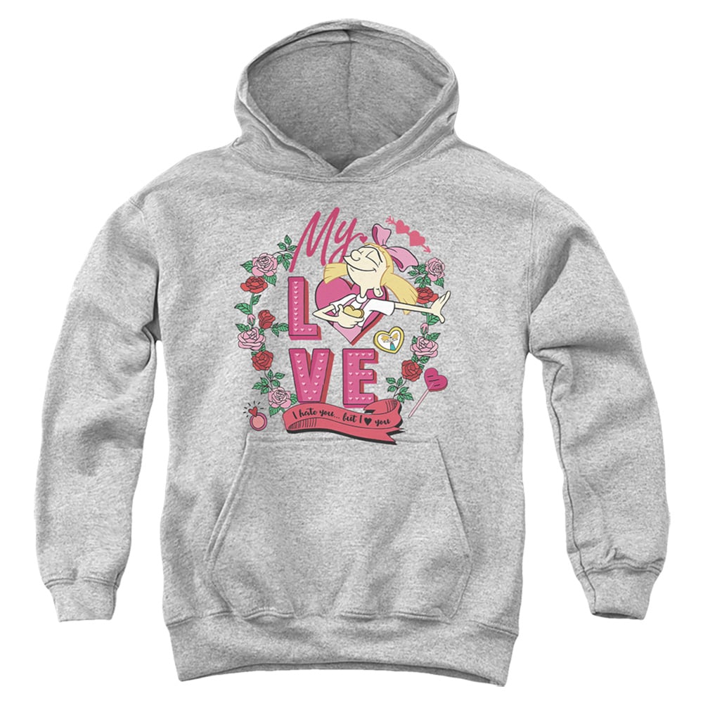 NICK10245TVAL-YFTH-3 Hey Arnold Valentines Day Helga, I Hate You, But Love You Youth Hooded Sweatshirt, Athletic Heather - Large
