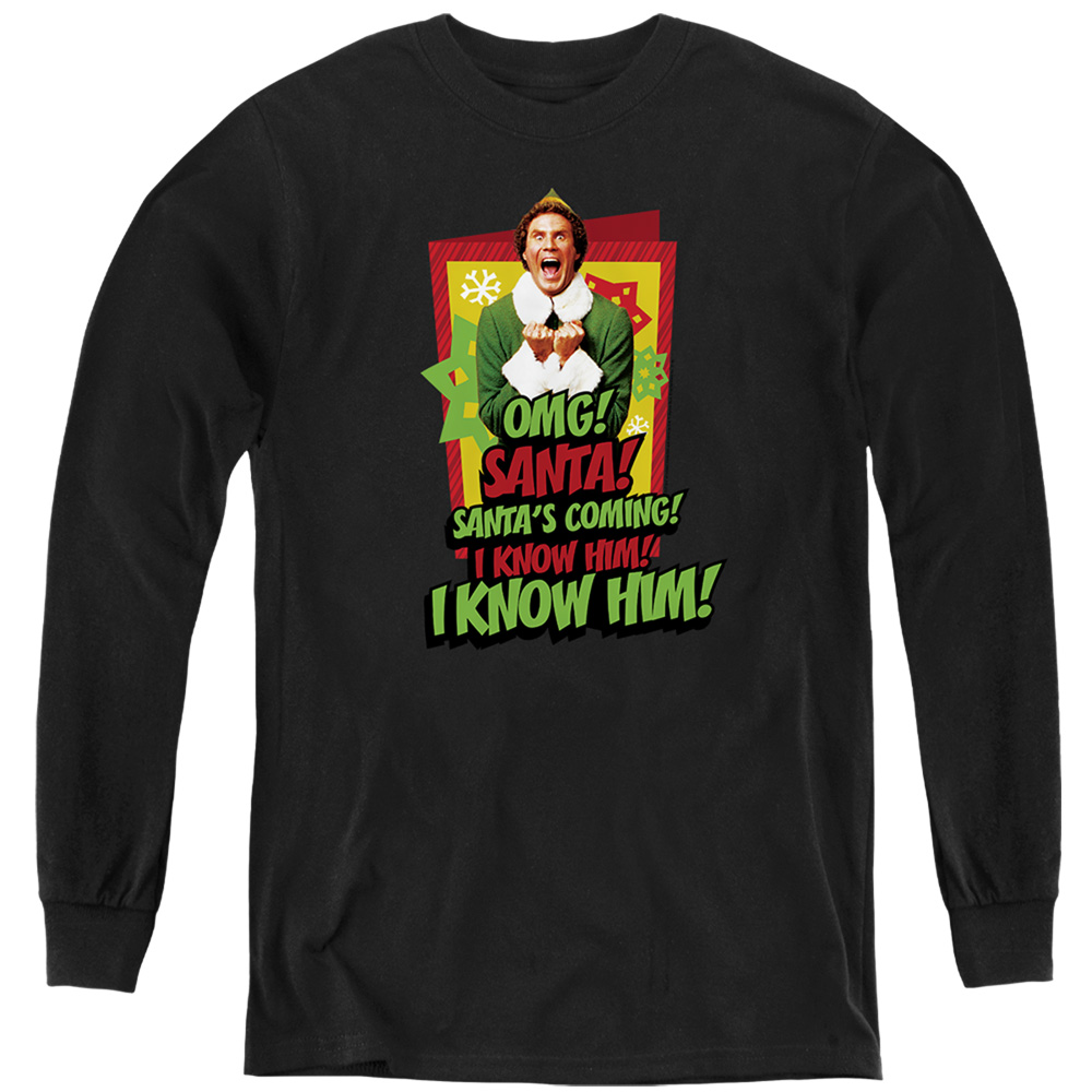 WBM1216-YL-3 ELF Santas Coming I Know Him Long Sleeve Youth T-Shirt, Black - Large