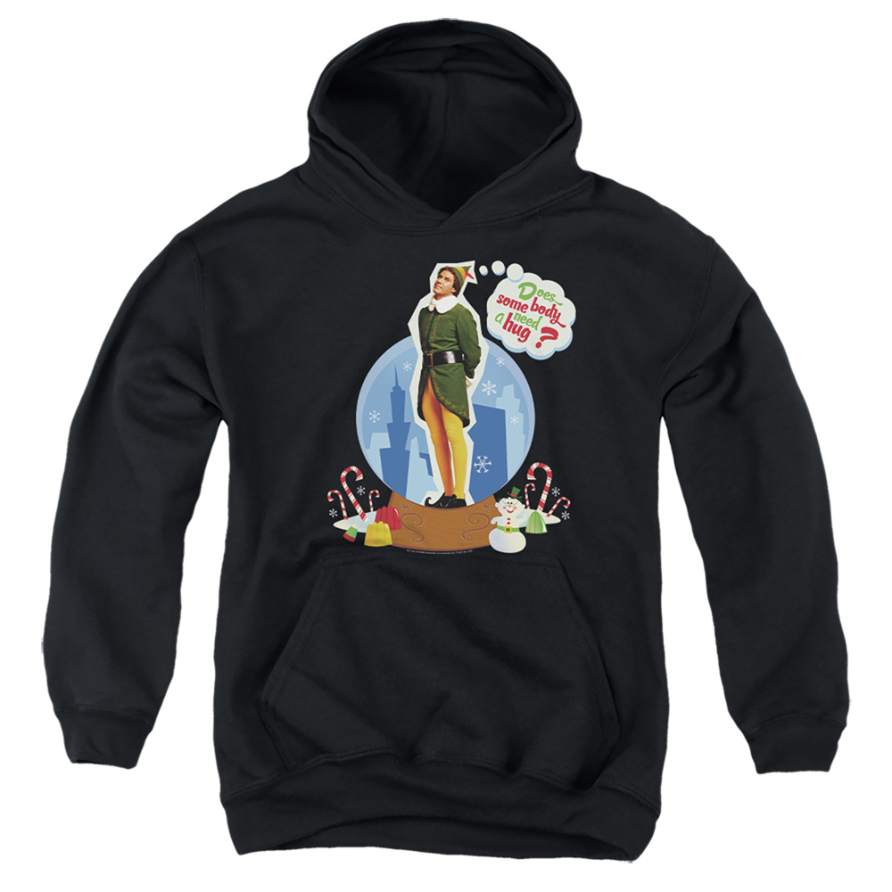 WBM1226-YFTH-2 ELF Does Somebody Need A Hug Youth Hooded Sweatshirt, Black - Medium