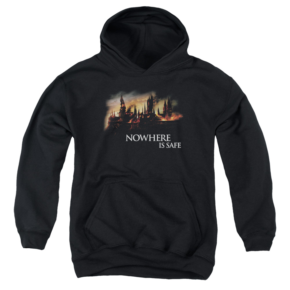 HP8003-YFTH-2 Harry Potter Burning Hogwarts Youth Hooded Sweatshirt, Black - Medium