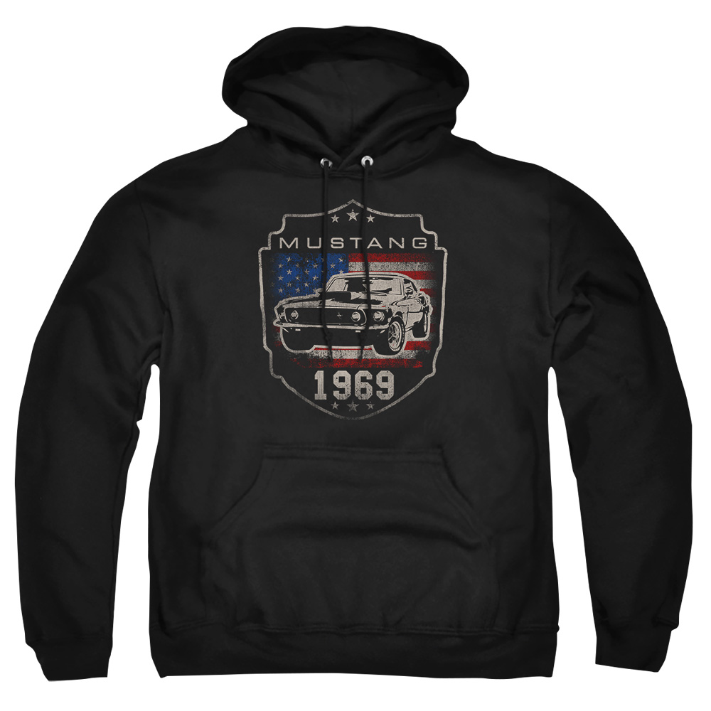 FORD264-AFTH-2 Ford Mustang 1969 Flag Adult Pullover Hoodie, Black - Medium