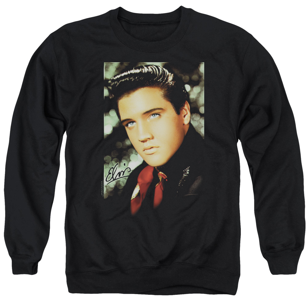 ELV106-AS-3 Elvis Presley Red Scarf Adult Crewneck Sweatshirt, Black - Large