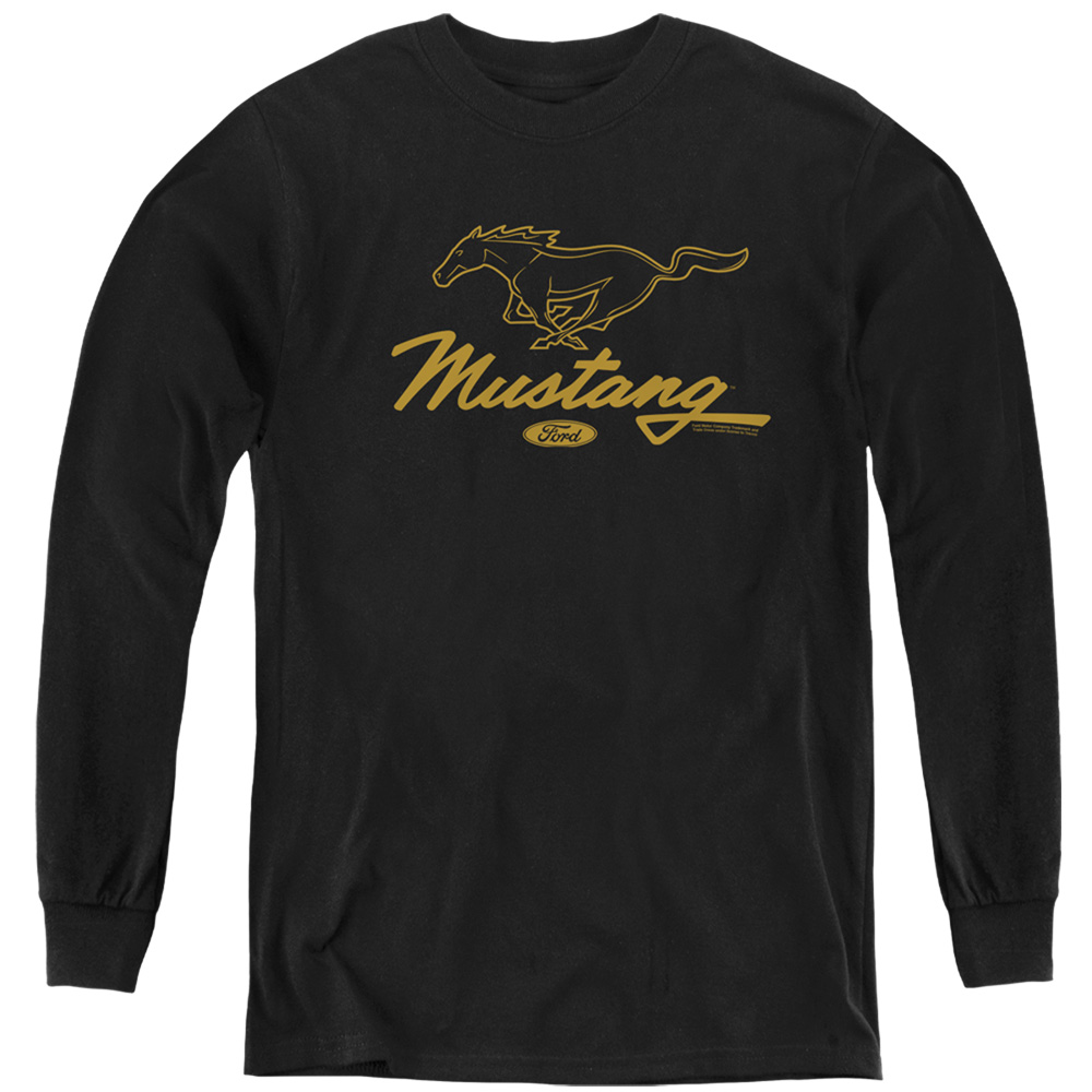 FORD151-YL-2 Ford Mustang Pony Script Long Sleeve Youth T-Shirt, Black - Medium