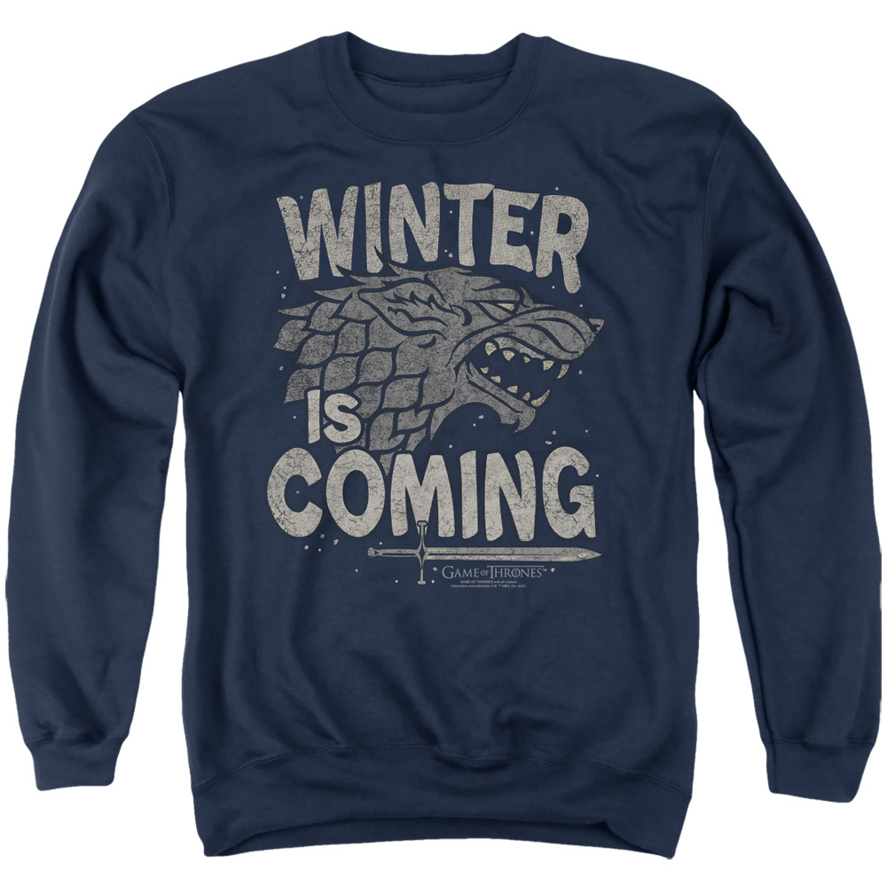 GOT231-AS-2 Game of Thrones Winter Is Coming Adult Crewneck Sweatshirt, Navy - Medium