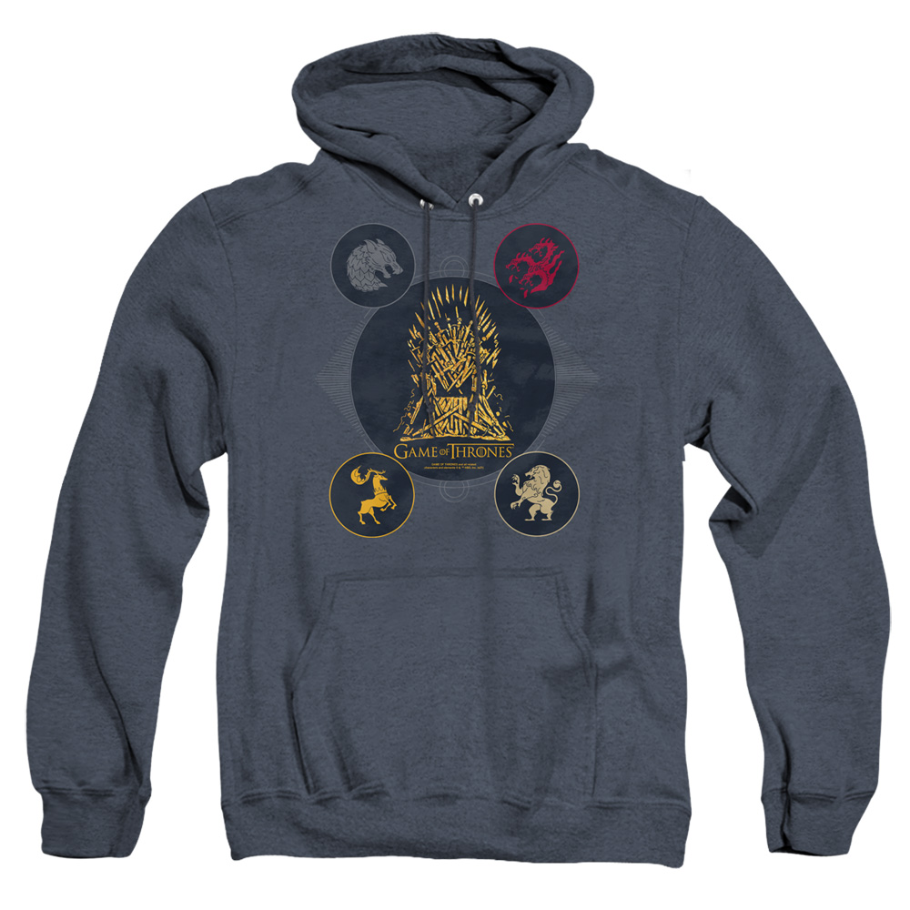 GOT227-AHH-6 Game of Thrones 4 Houses 4 The Throne Adult Heather Hoodie, Navy - 3X