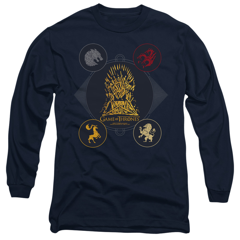 GOT227-AL-5 Game of Thrones 4 Houses 4 The Throne Adult Long Sleeve T-Shirt, Navy - 2X