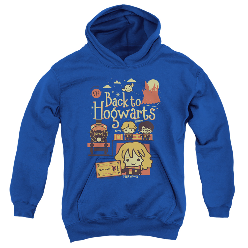 HP8392-YFTH-2 Harry Potter Back to Hogwarts Platform 9 .75 Chibis Youth Hooded Sweatshirt, Royal - Medium