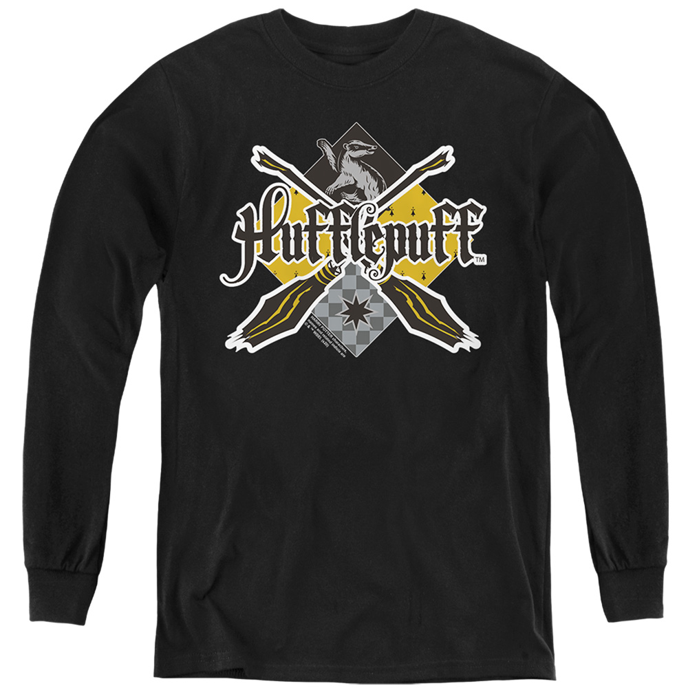 HP8417-YL-4 Harry Potter Hufflepuff Broomstick Decalr Logo Long Sleeve Youth T-Shirt, Black - Extra Large