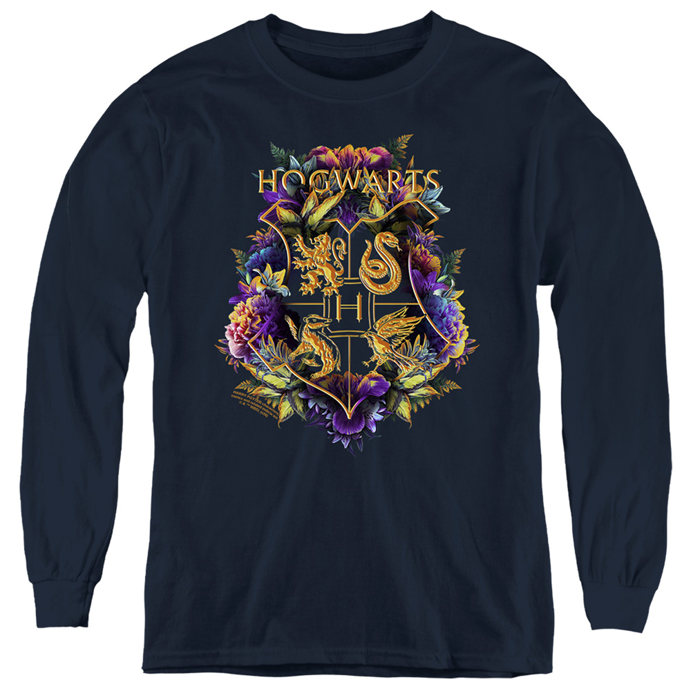 HP8502-YL-2 Harry Potter Hogwarts Floral Crest Long Sleeve Youth T-Shirt, Navy - Medium