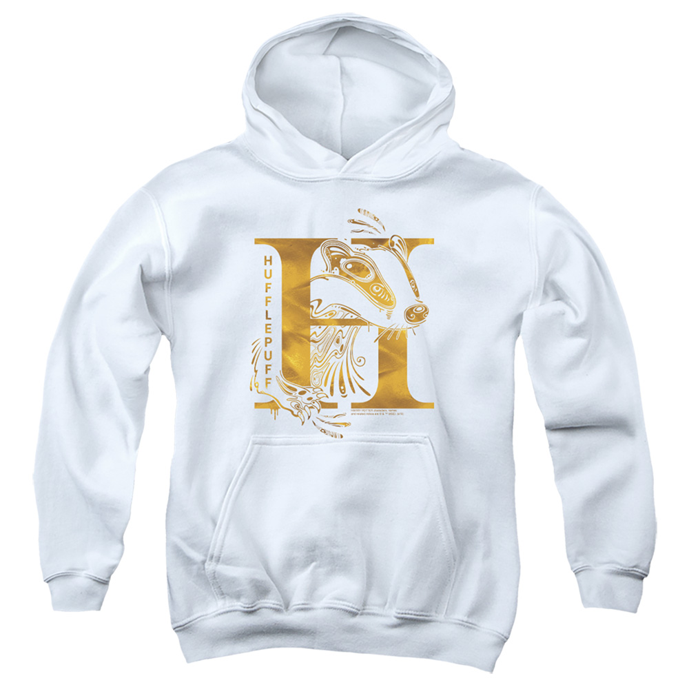 HP8212-YFTH-1 Harry Potter Hufflepuff H Logo Youth Hooded Sweatshirt, White - Small