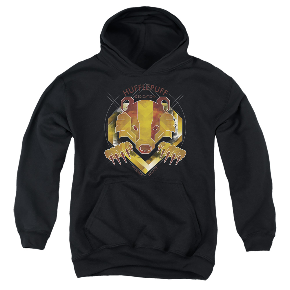 HP8371-YFTH-1 Harry Potter Hufflepuff Dedication Patience Loyalty Youth Hooded Sweatshirt, Black - Small