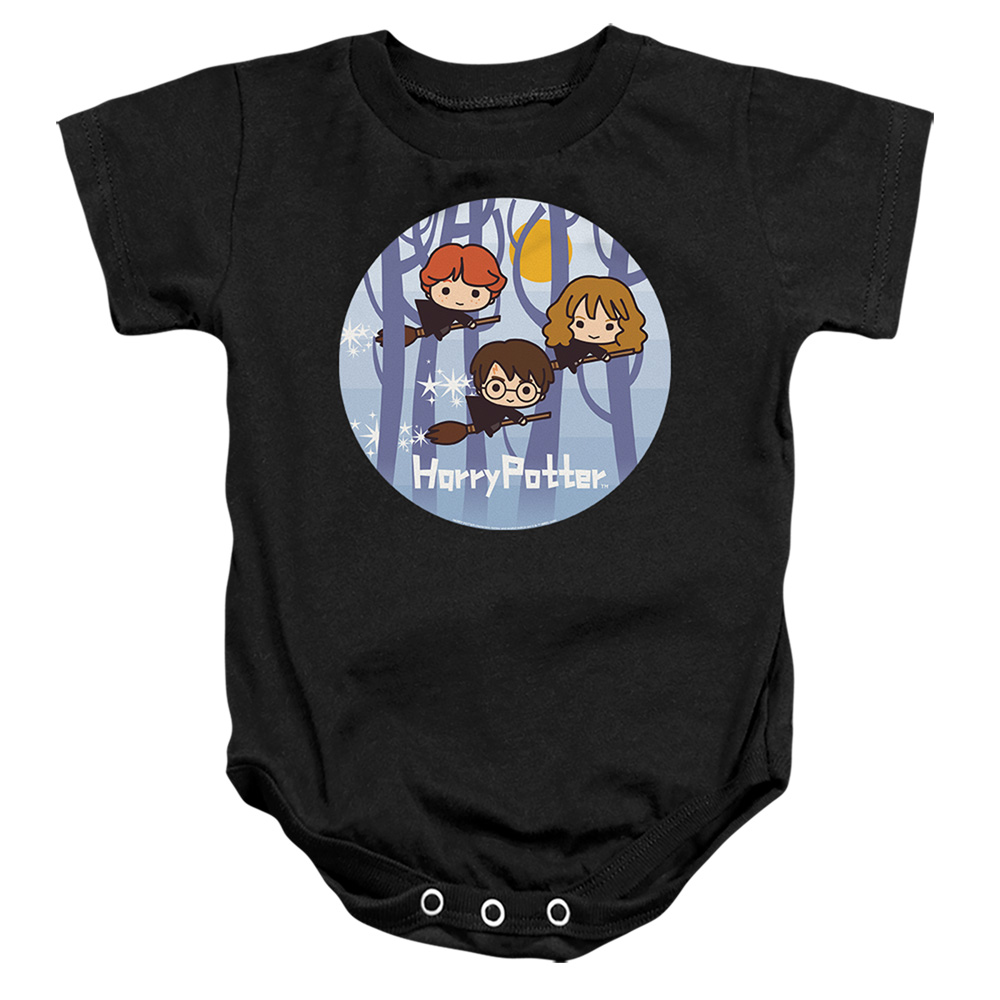 HP8398-SS-2 Harry Potter Chibi Trio Flying On Broomsticks Infant Snapsuit, Black - Medium - 12 Month
