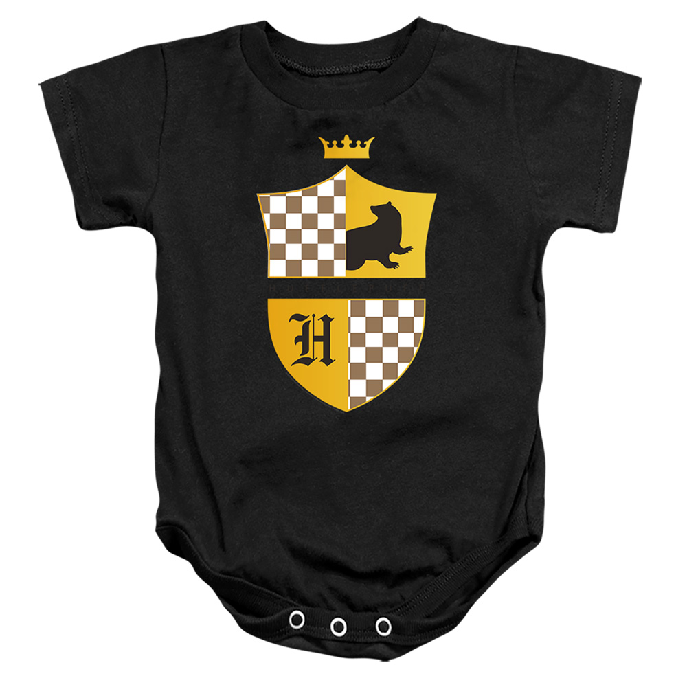 HP8403-SS-2 Harry Potter Hufflepuff Checkered Shield Crest Infant Snapsuit, Black - Medium - 12 Month