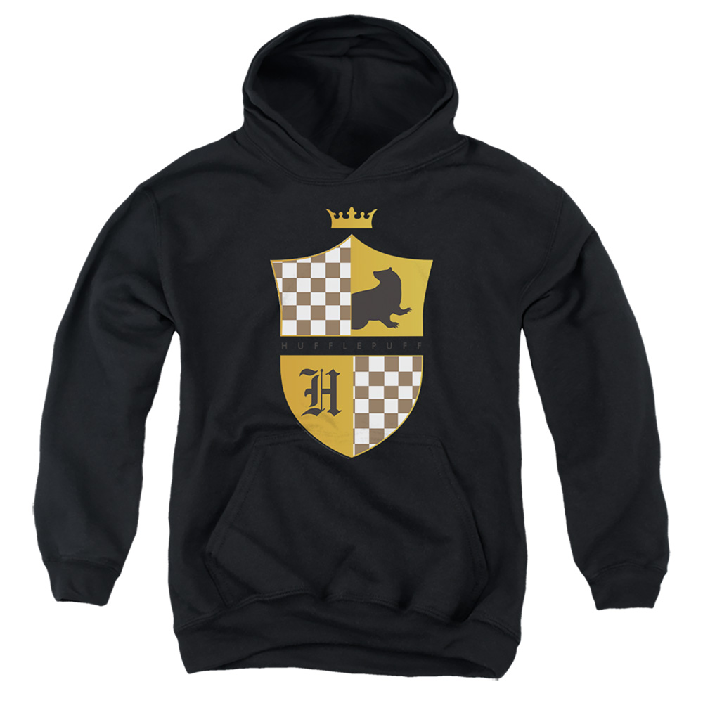 HP8403-YFTH-2 Harry Potter Hufflepuff Checkered Shield Crest Youth Hooded Sweatshirt, Black - Medium