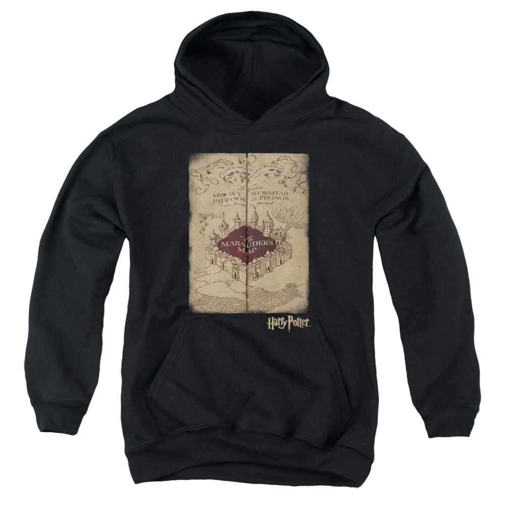 HP8061-YFTH-3 Harry Potter Marauders Map Youth Hooded Sweatshirt, Black - Large