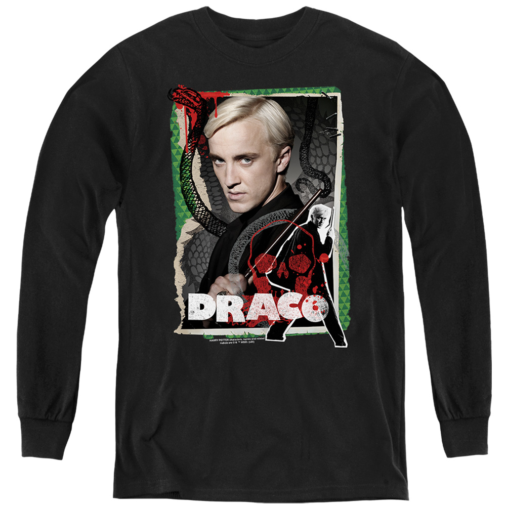 HP7027-YL-1 Harry Potter Draco Malfoy Photo Collage Long Sleeve Youth T-Shirt, Black - Small