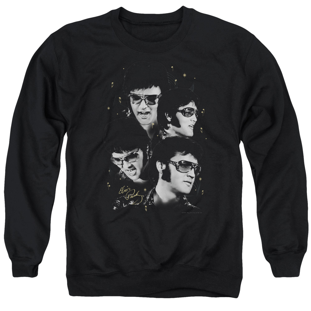 ELV274-AS-2 Elvis Presley Faces Adult Crewneck Sweatshirt, Black - Medium