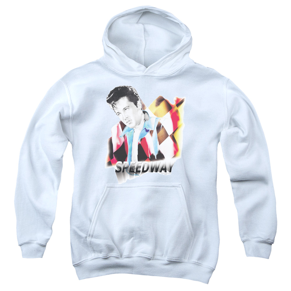 ELV585-YFTH-2 Elvis Presley Speedway Youth Hooded Sweatshirt, White - Medium