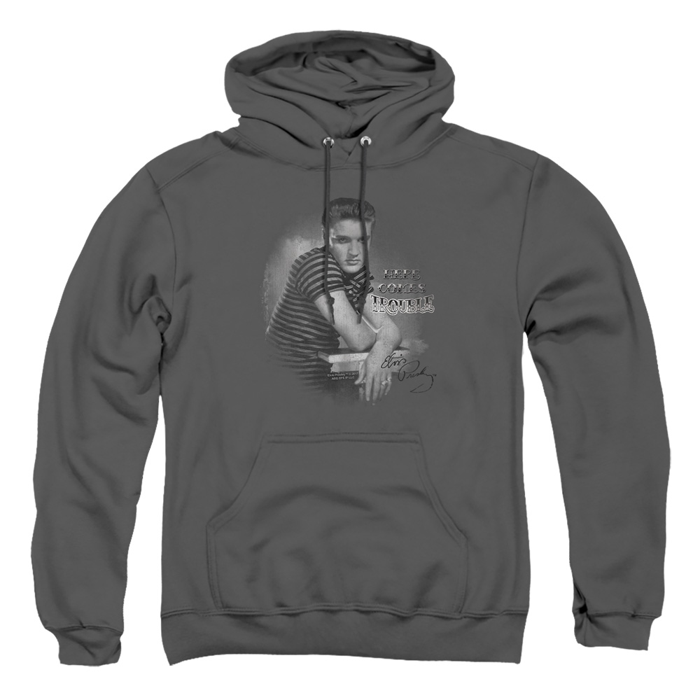 ELV607-AFTH-4 Elvis Presley Trouble Adult Pullover Hoodie, Charcoal - Extra Large