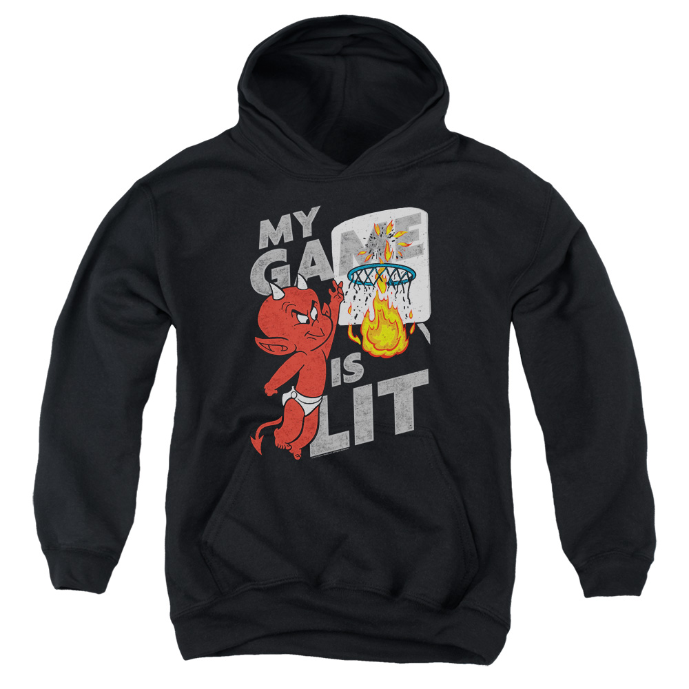 DRM346-YFTH-2 Hot Stuff Game is Lit Youth Hooded Sweatshirt, Black - Medium