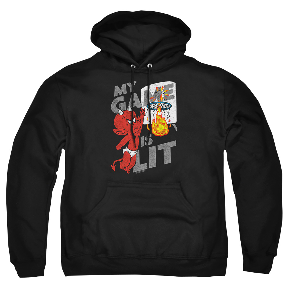 DRM346-AFTH-4 Hot Stuff Game is Lit Adult Pullover Hoodie, Black - Extra Large