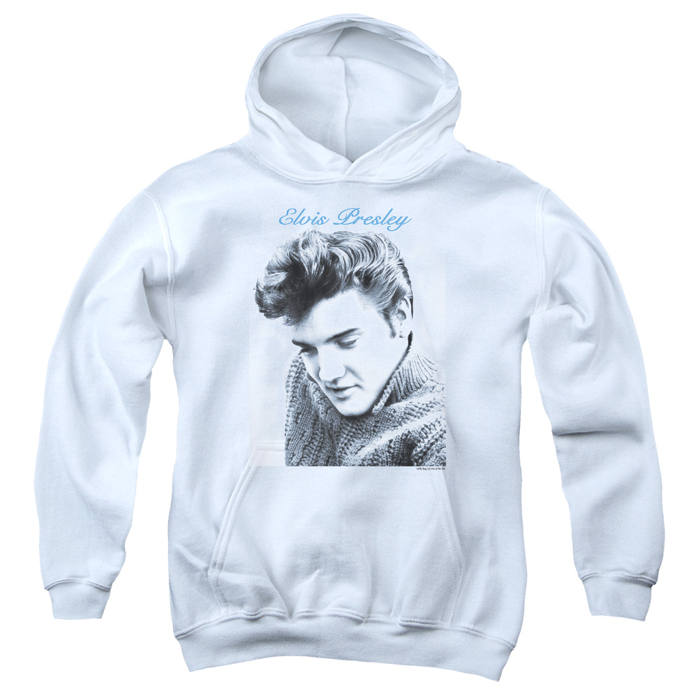 ELV207-YFTH-2 Elvis Presley Script Sweater Youth Hooded Sweatshirt, White - Medium