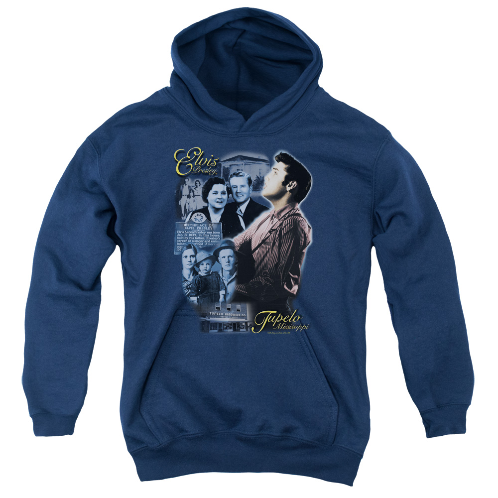 ELV169-YFTH-2 Elvis Presley Tupelo Youth Hooded Sweatshirt, Navy - Medium